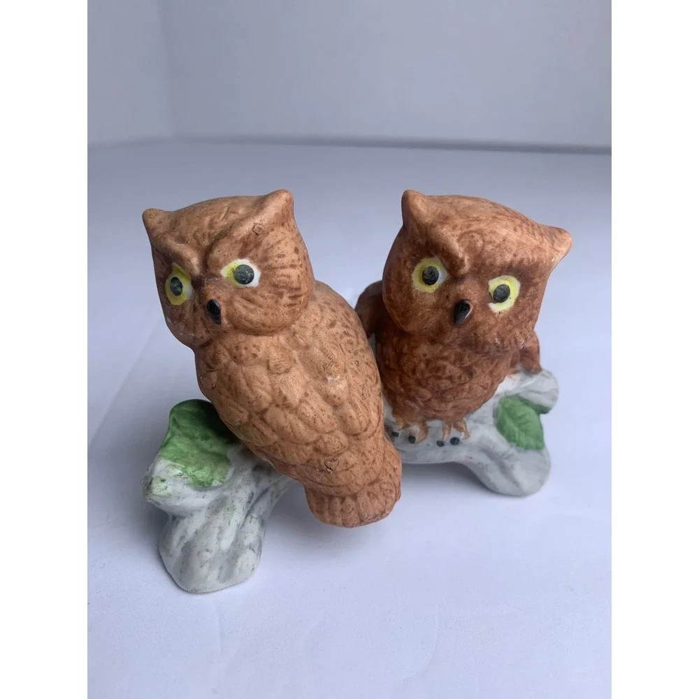 Vintage Ceramic Owl Figurine Pair on Branch Brown Bird Decor Hand Painted‎
